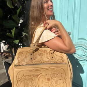 Photo detail:*AS-IS* FLORAL TOOLED LEATHER SATCHEL DOUBLE HANDLE BRIEFCASE BAG