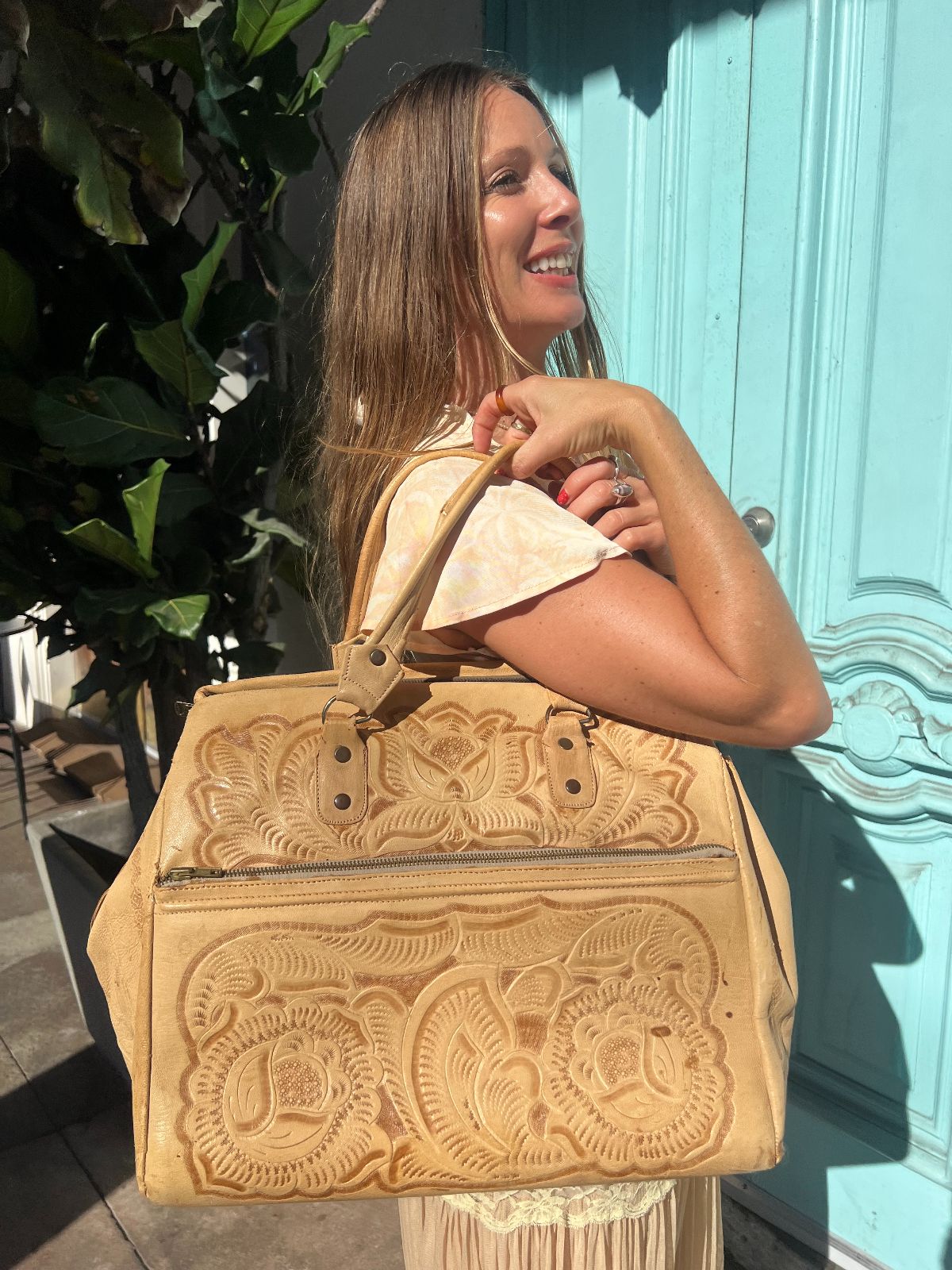 product details: *AS-IS* FLORAL TOOLED LEATHER SATCHEL DOUBLE HANDLE BRIEFCASE BAG photo