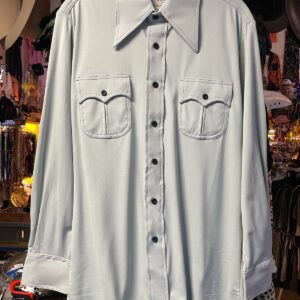 Photo detail:1970S DEADSTOCK POLYESTER LONG SLEEVE BUTTON DOWN SHIRT BLACK CONTRAST STITCHING, DOUBLE CURVE FRONT POCKET