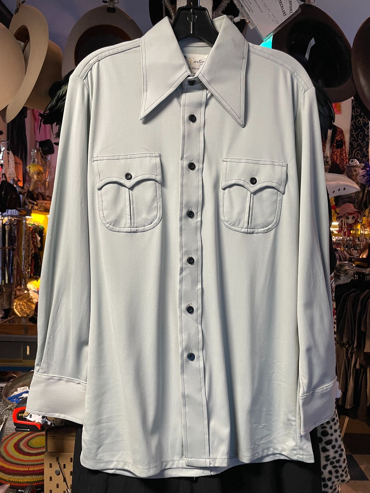 product details: 1970S DEADSTOCK POLYESTER LONG SLEEVE BUTTON DOWN SHIRT BLACK CONTRAST STITCHING, DOUBLE CURVE FRONT POCKET photo