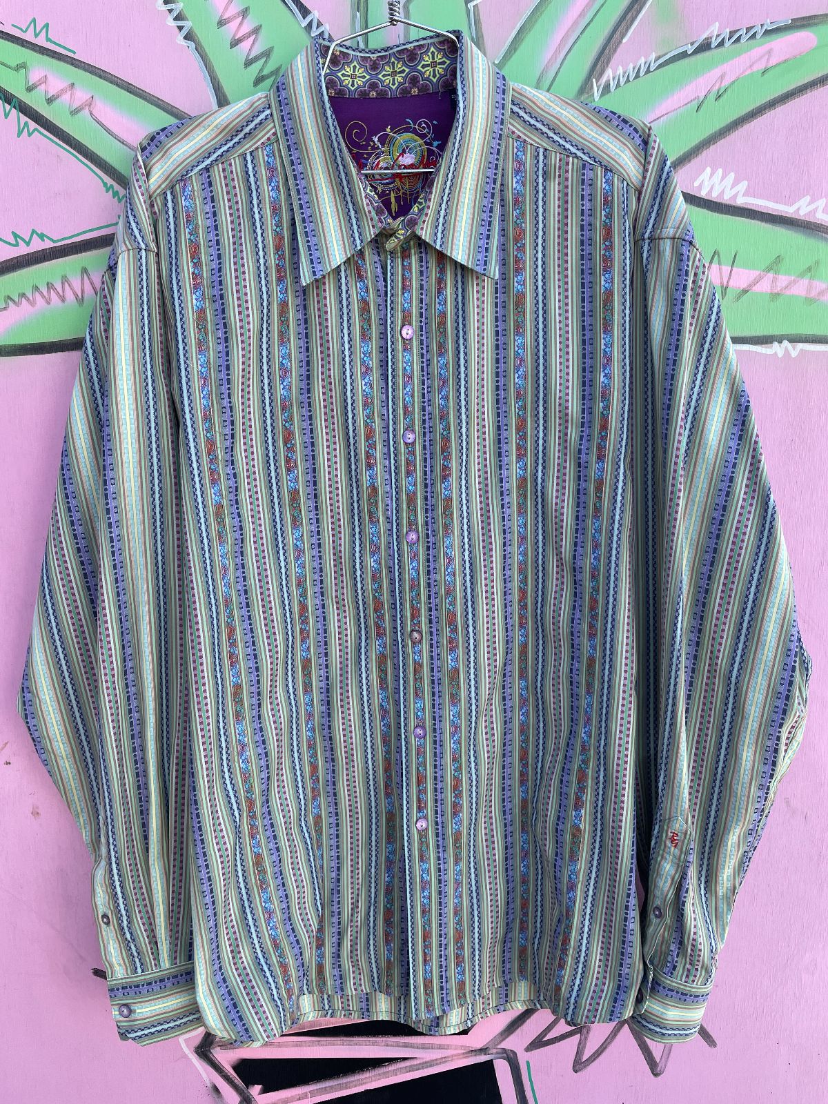 product details: VERTICAL STRIPED ORNATE RIBBON INSPIRED WEAVE LONG SLEEVE BUTTON DOWN SHIRT photo