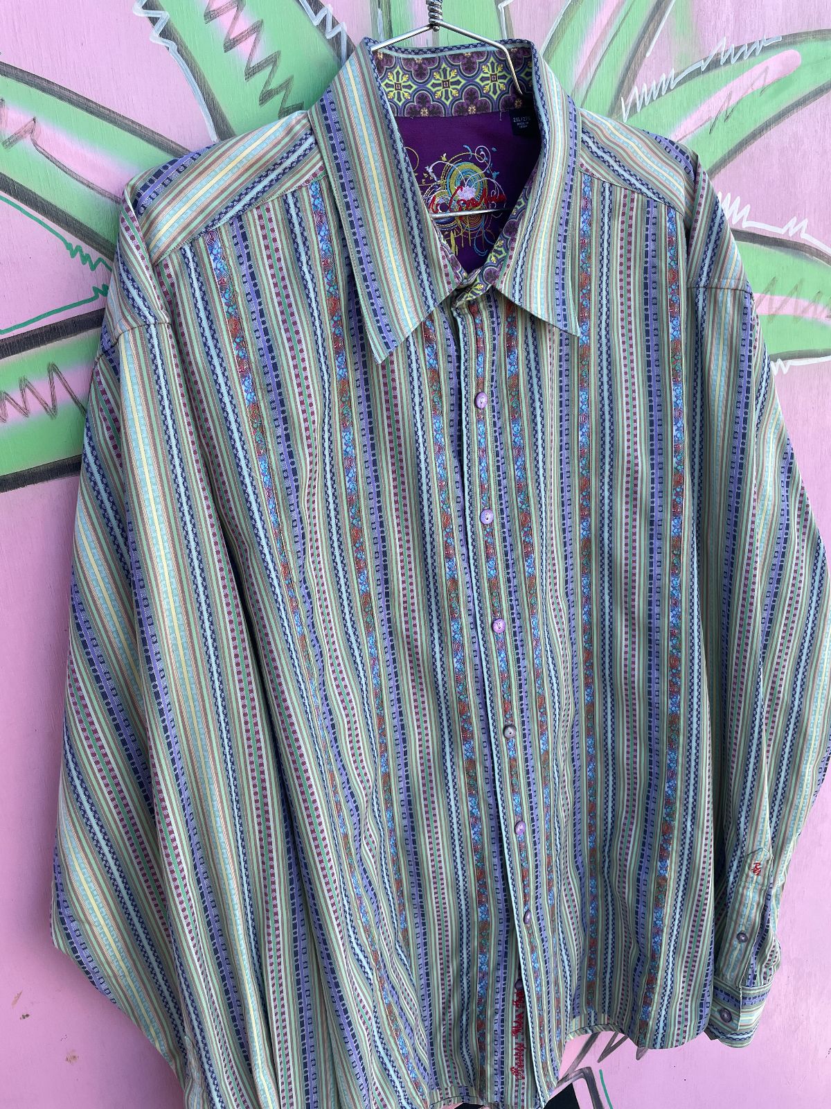 VERTICAL STRIPED ORNATE RIBBON INSPIRED WEAVE LONG SLEEVE BUTTON DOWN SHIRT