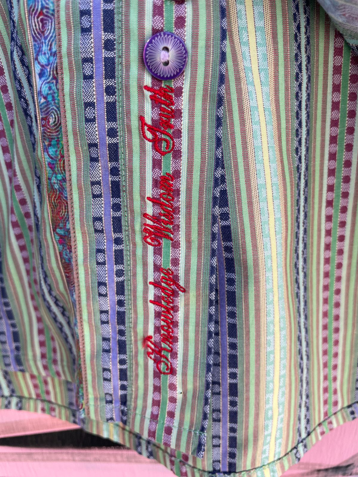 VERTICAL STRIPED ORNATE RIBBON INSPIRED WEAVE LONG SLEEVE BUTTON DOWN SHIRT