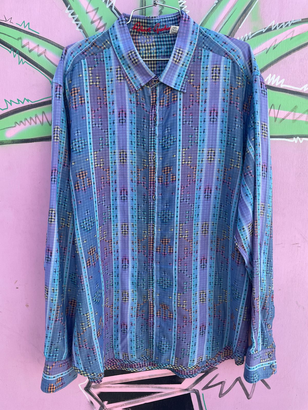 product details: NICE! LIGHT WEIGHT GUATEMALAN TEXTILE INSPIRED PRINT LONG SLEEVE BUTTON DOWN SHIRT photo