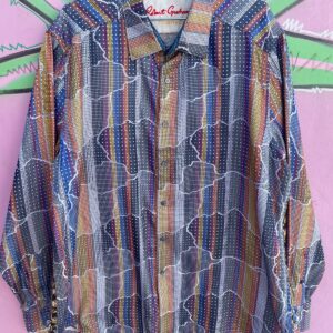 Photo detail:WOW! UNIQUE STRIPED MOSAIC WOVEN DESIGN LONG SLEEVE BUTTON DOWN SHIRT, PRINTED SILK BACK PANEL