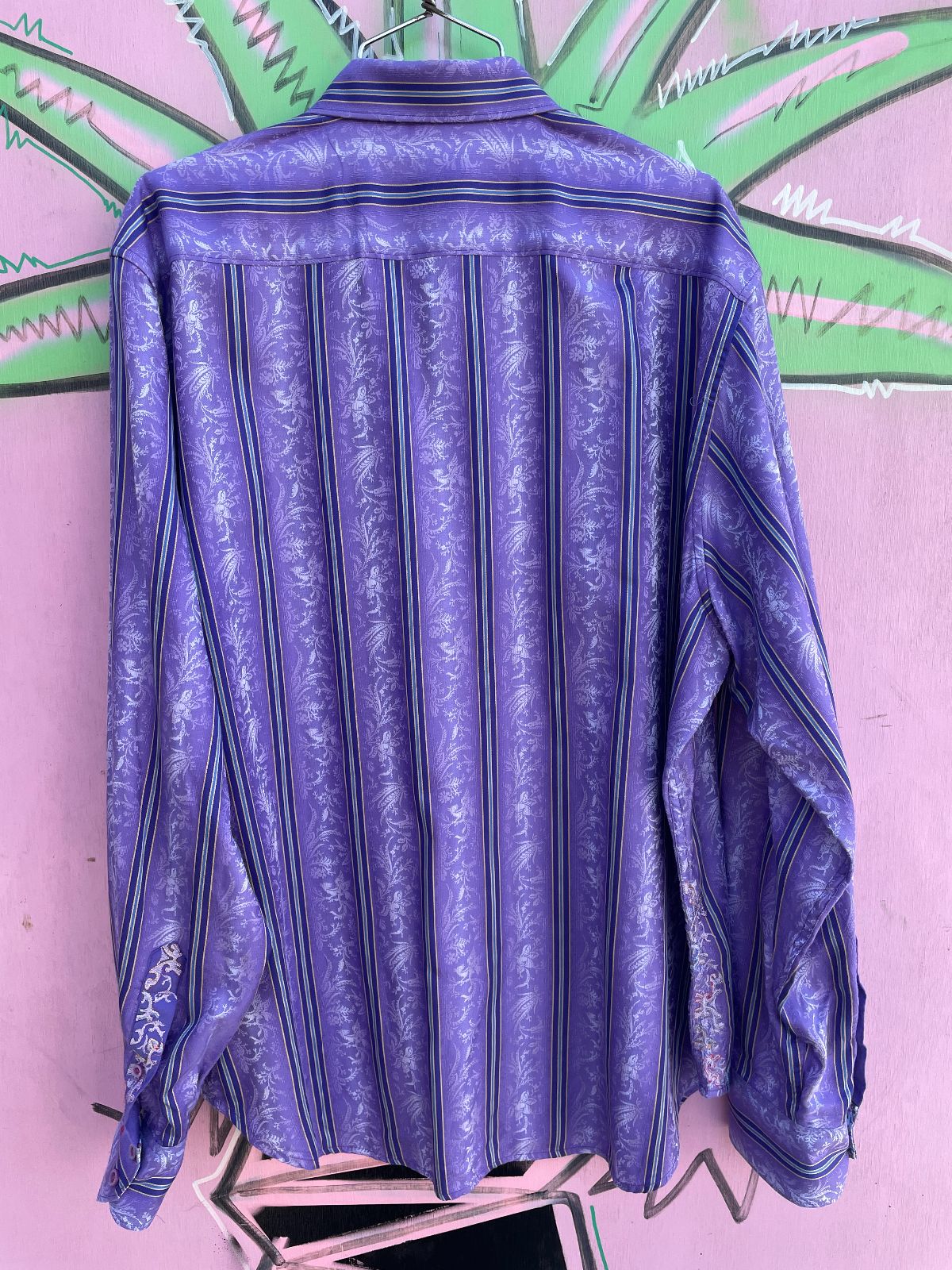 VERTICAL STRIPED & ORNATE WEAVE LONG SLEEVE BUTTON DOWN SHIRT, EMBROIDERED PLACKET