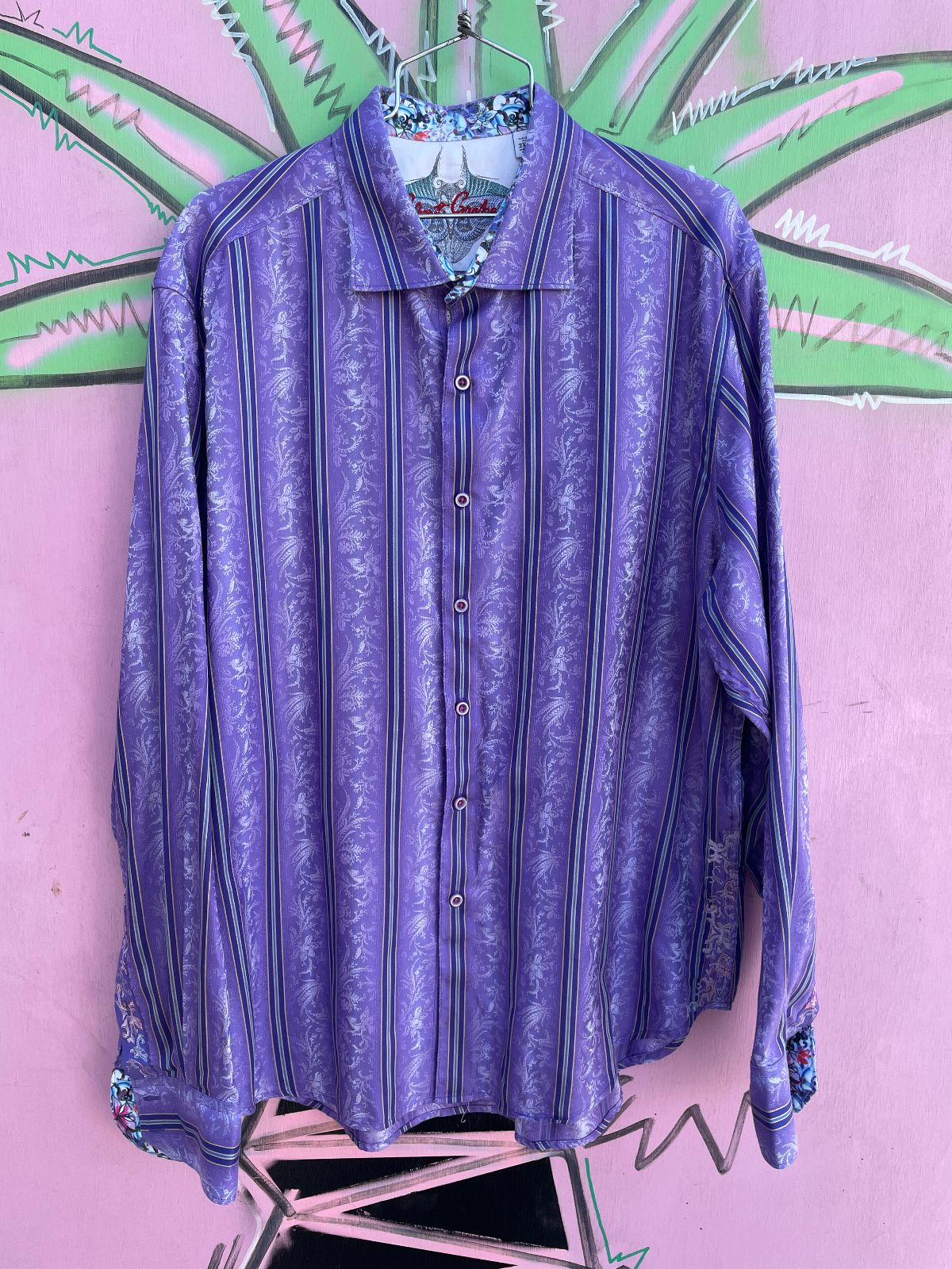 product details: VERTICAL STRIPED & ORNATE WEAVE LONG SLEEVE BUTTON DOWN SHIRT, EMBROIDERED PLACKET photo