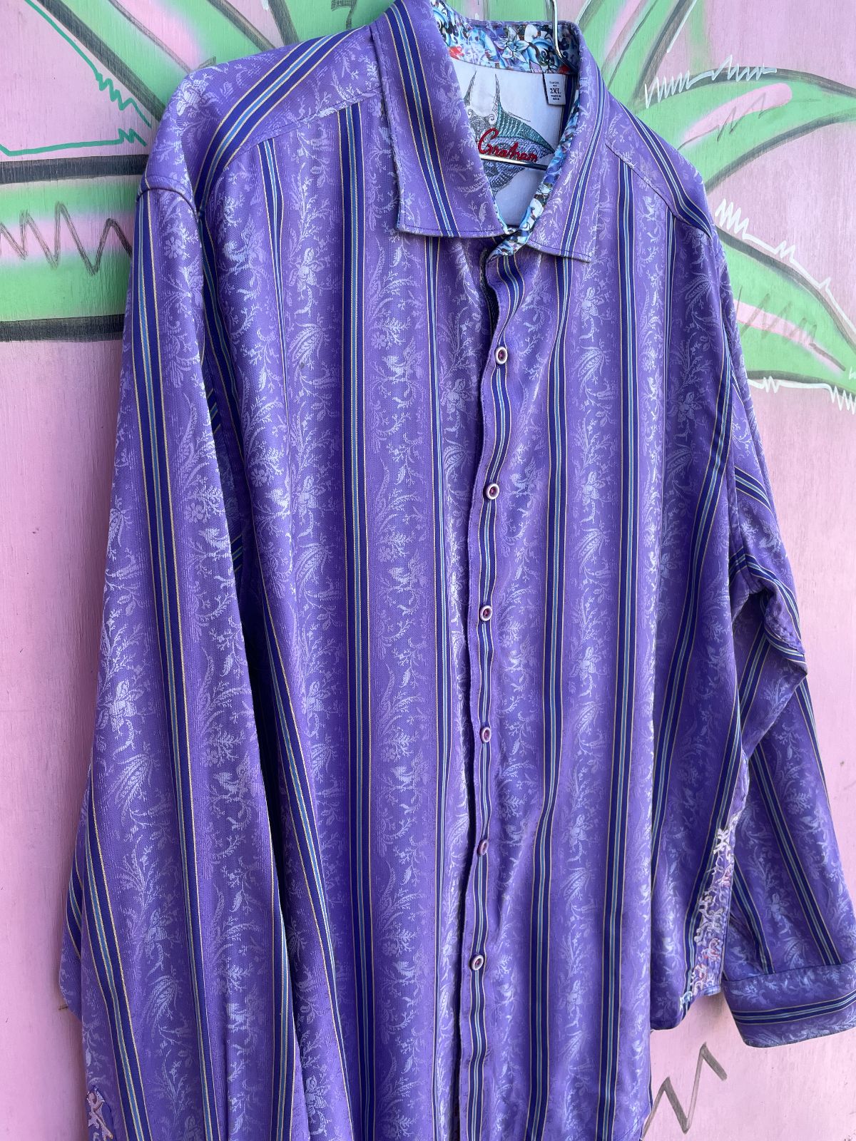 VERTICAL STRIPED & ORNATE WEAVE LONG SLEEVE BUTTON DOWN SHIRT, EMBROIDERED PLACKET