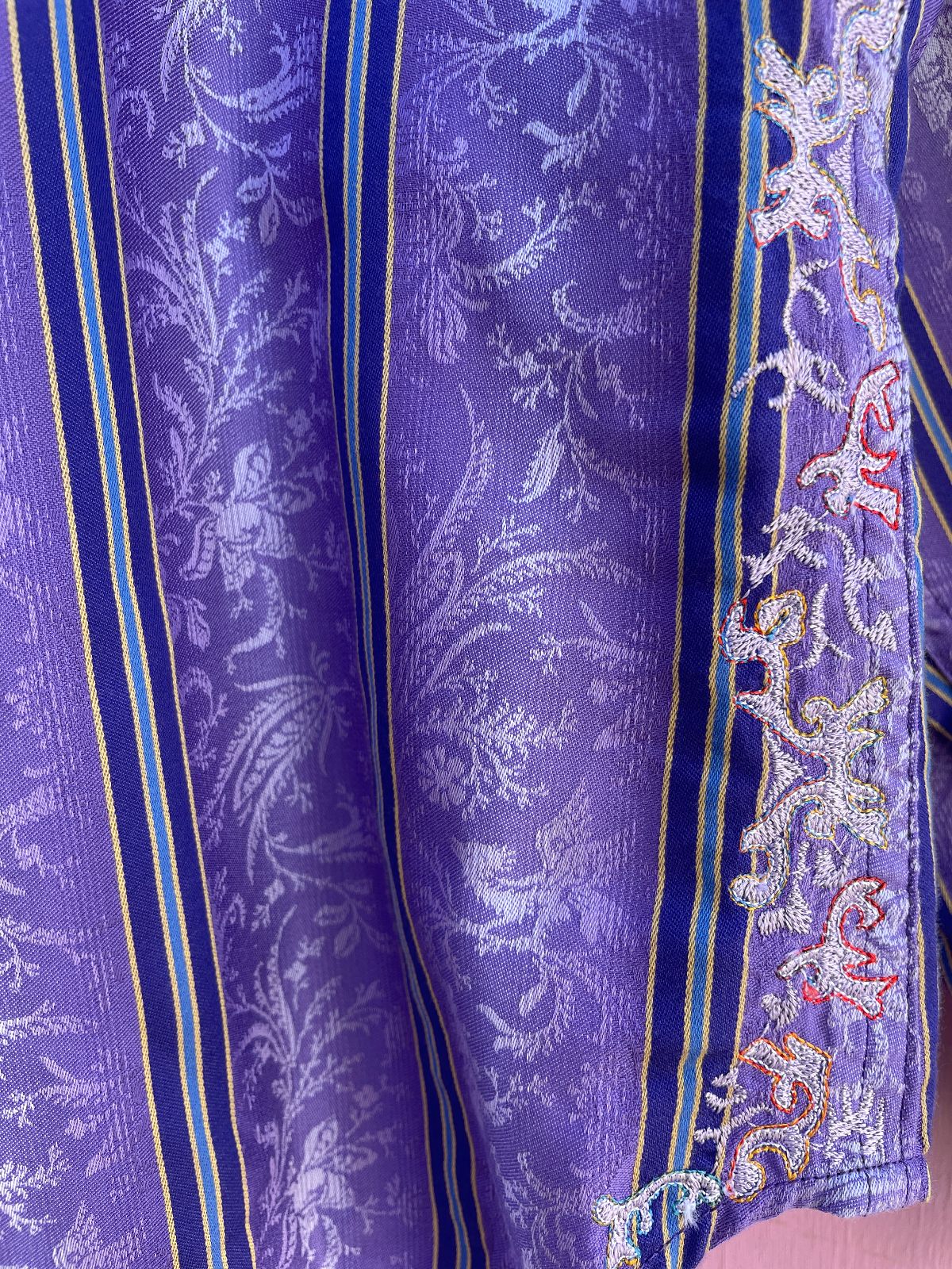 VERTICAL STRIPED & ORNATE WEAVE LONG SLEEVE BUTTON DOWN SHIRT, EMBROIDERED PLACKET