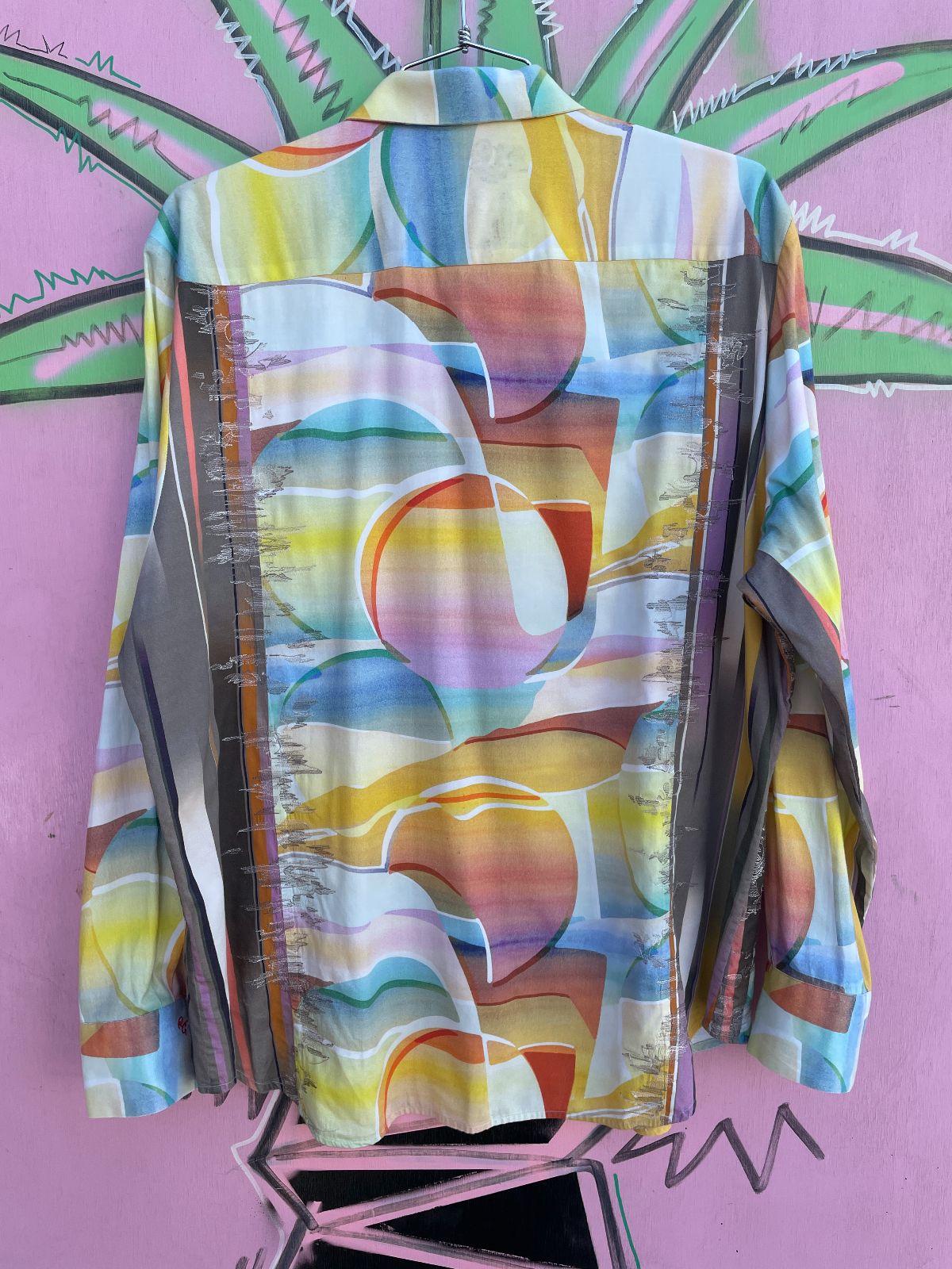 WOW! COLORFUL PASTEL SUNSET PRINT LONG SLEEVE BUTTON DOWN SHIRT, EMBROIDERED DETAIL