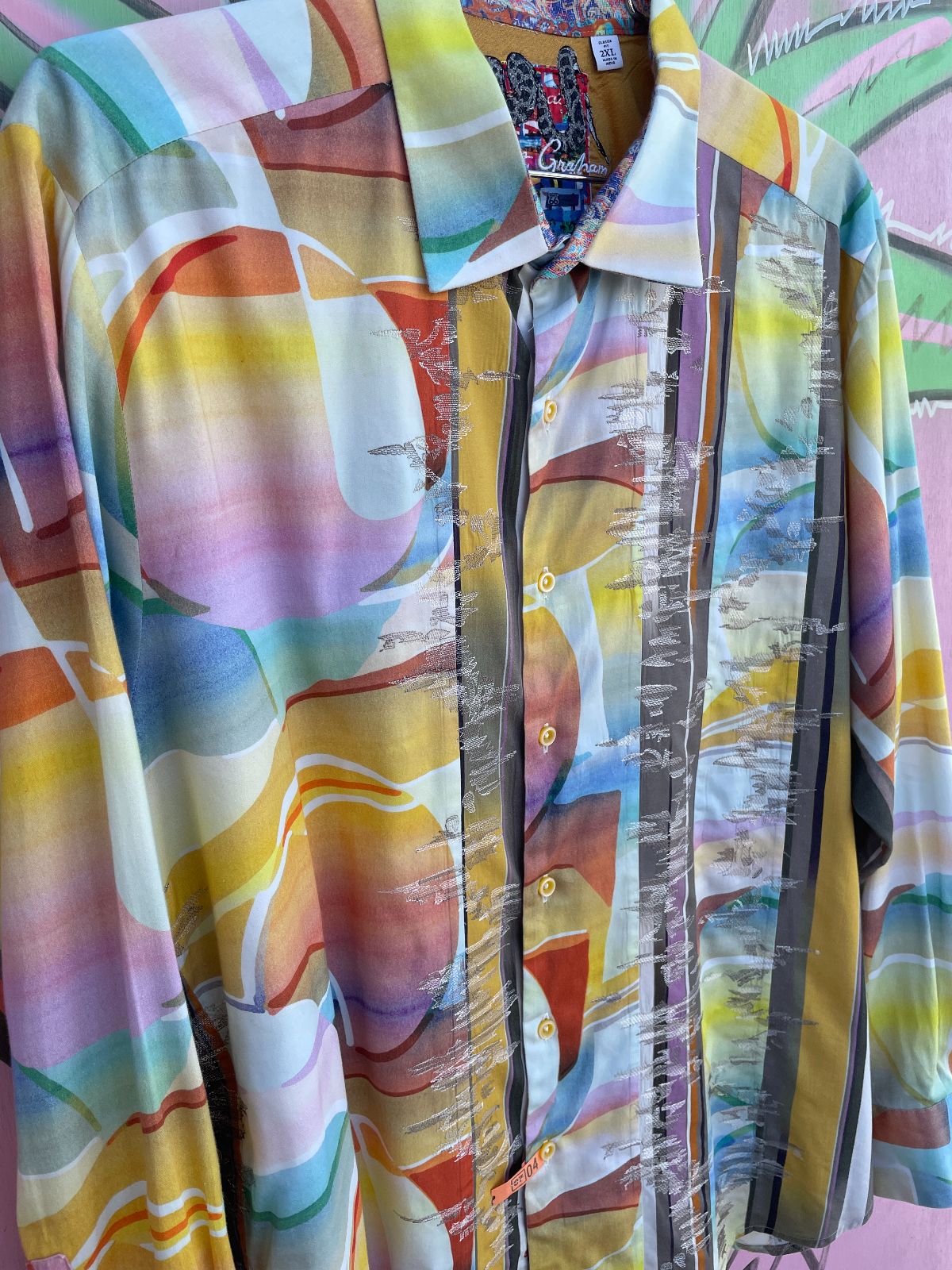WOW! COLORFUL PASTEL SUNSET PRINT LONG SLEEVE BUTTON DOWN SHIRT, EMBROIDERED DETAIL