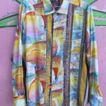 WOW! COLORFUL PASTEL SUNSET PRINT LONG SLEEVE BUTTON DOWN SHIRT, EMBROIDERED DETAIL