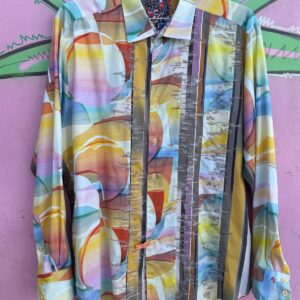 Photo detail:WOW! COLORFUL PASTEL SUNSET PRINT LONG SLEEVE BUTTON DOWN SHIRT, EMBROIDERED DETAIL