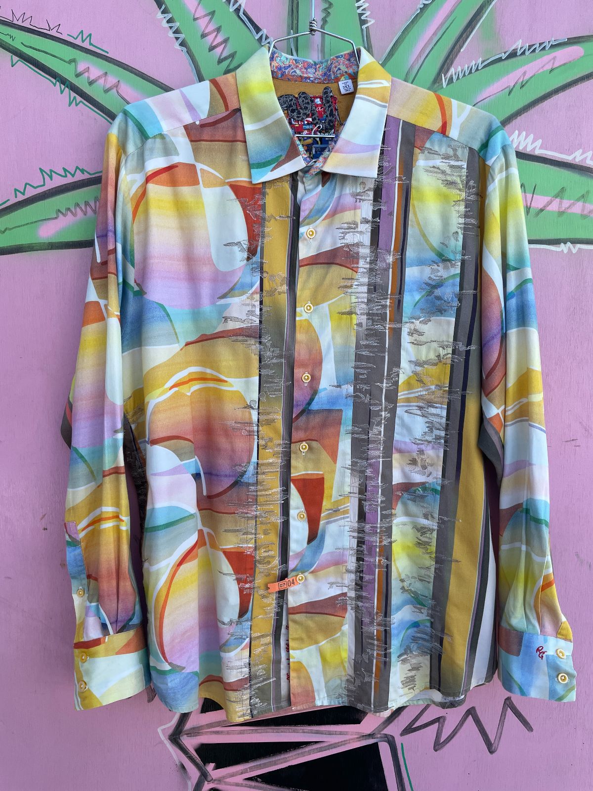 product details: WOW! COLORFUL PASTEL SUNSET PRINT LONG SLEEVE BUTTON DOWN SHIRT, EMBROIDERED DETAIL photo