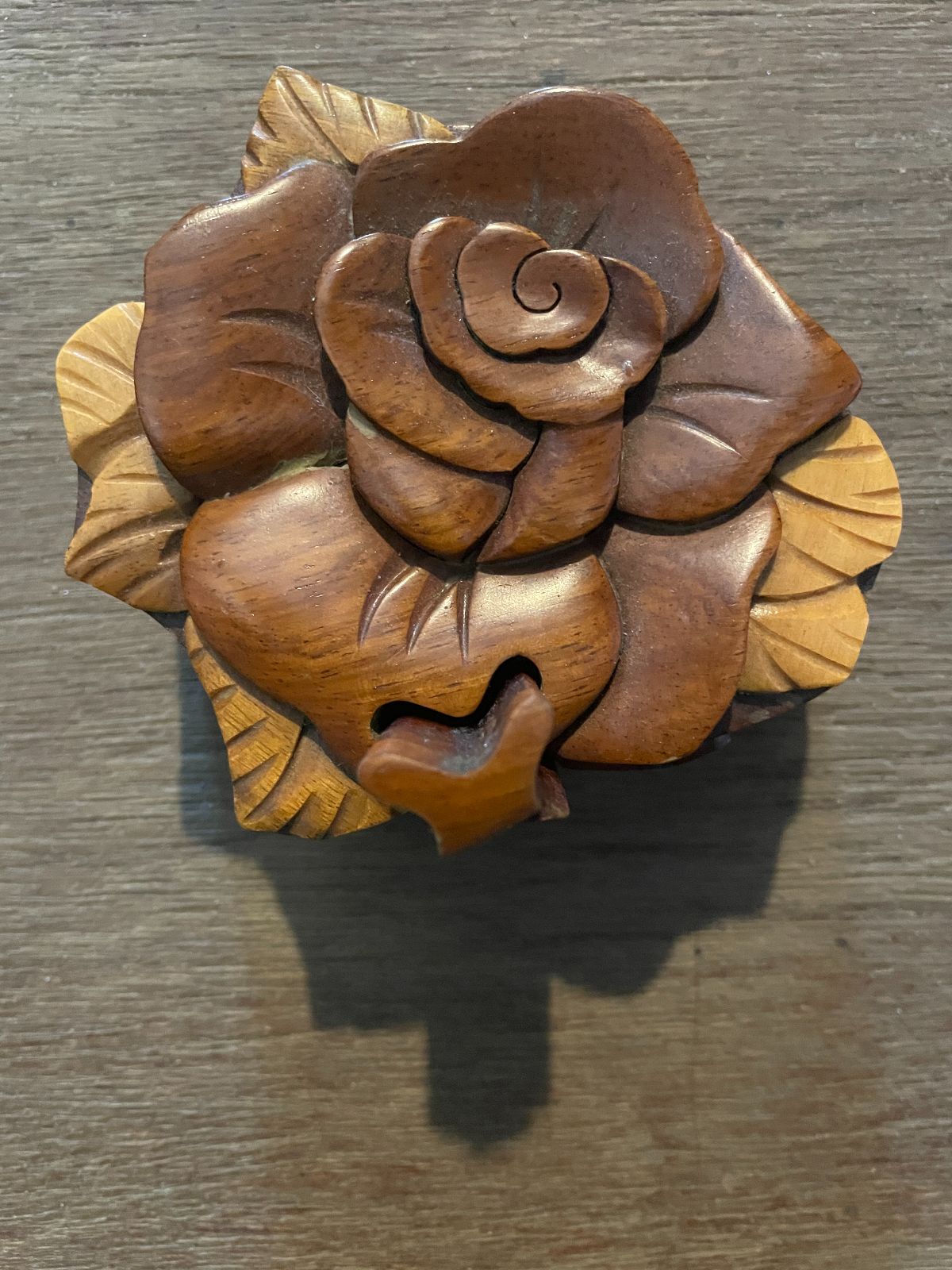 product details: WOODEN HAND CARVED FLOWER PUZZLE JEWELRY BOX photo