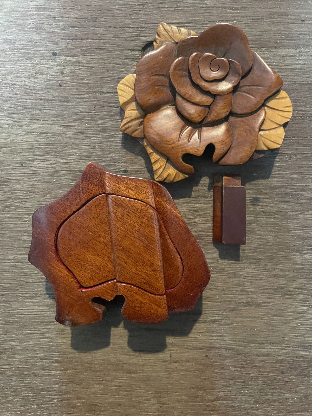 WOODEN HAND CARVED FLOWER PUZZLE JEWELRY BOX