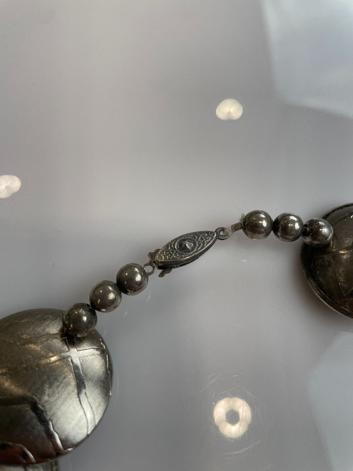 WOW! OVERSIZED TEXTURED MODERNIST PLATELET NECKLACE, STERLING CLOSURE & BEADING