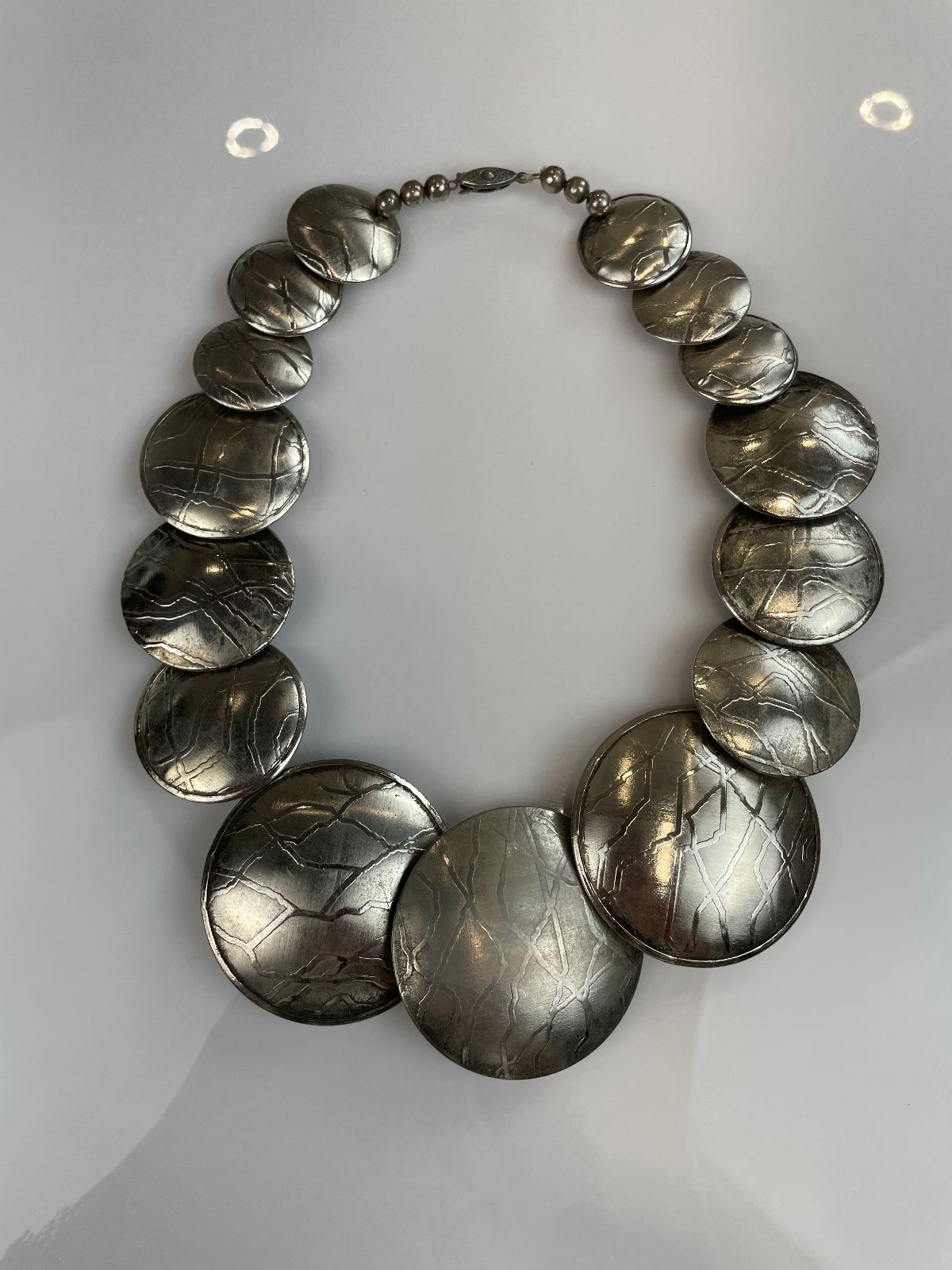 product details: WOW! OVERSIZED TEXTURED MODERNIST PLATELET NECKLACE, STERLING CLOSURE & BEADING photo