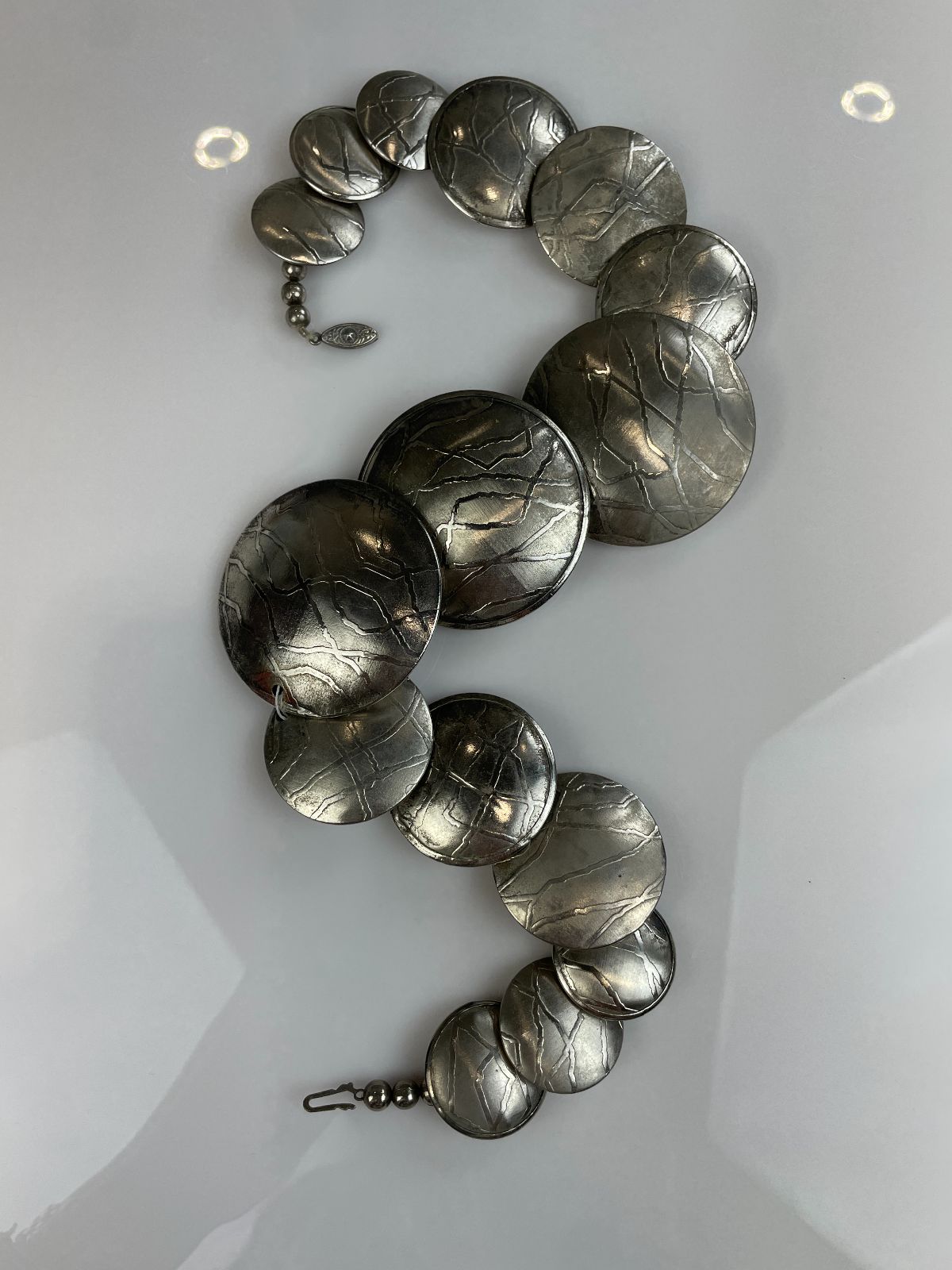 WOW! OVERSIZED TEXTURED MODERNIST PLATELET NECKLACE, STERLING CLOSURE & BEADING