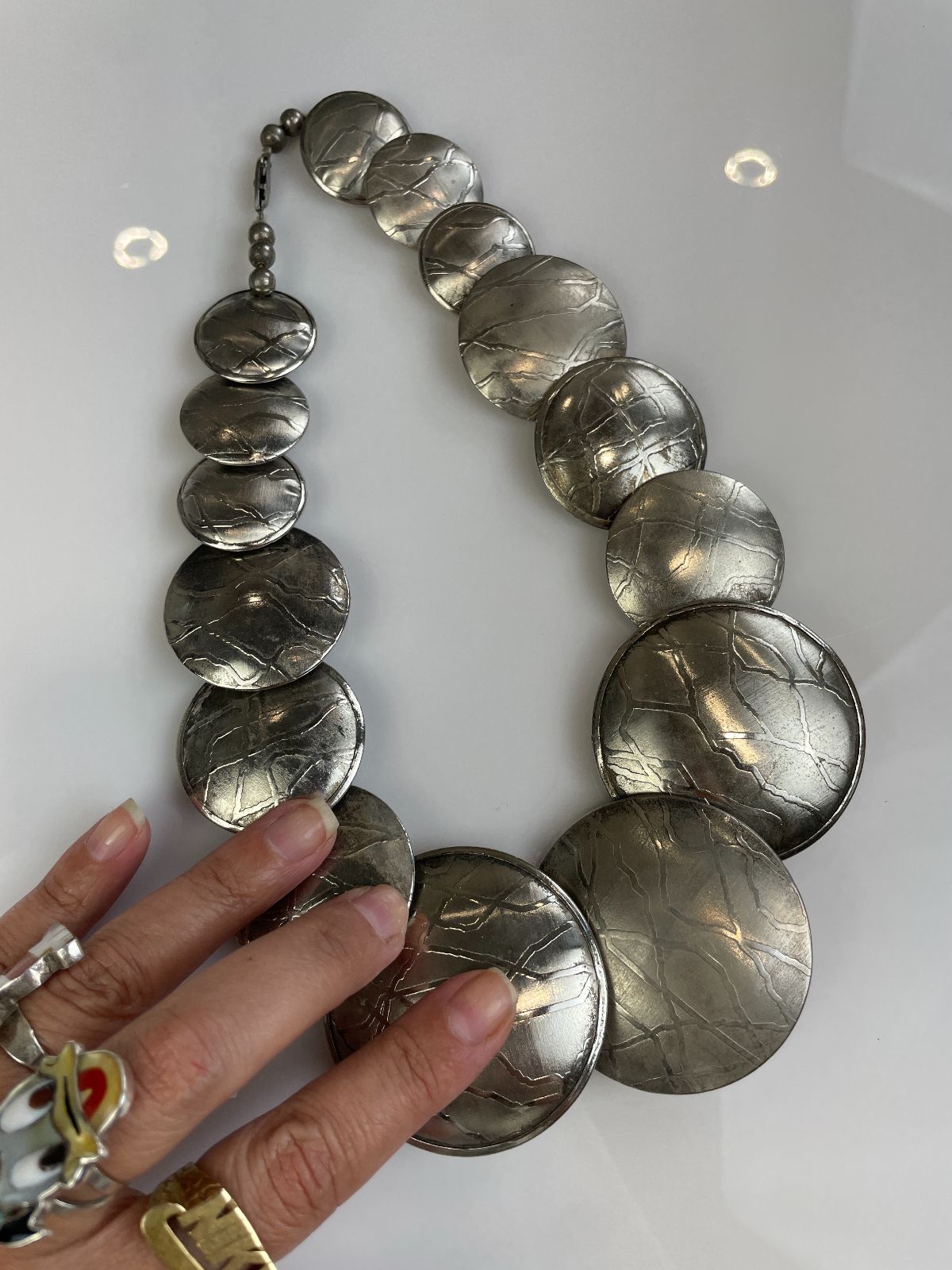 WOW! OVERSIZED TEXTURED MODERNIST PLATELET NECKLACE, STERLING CLOSURE & BEADING