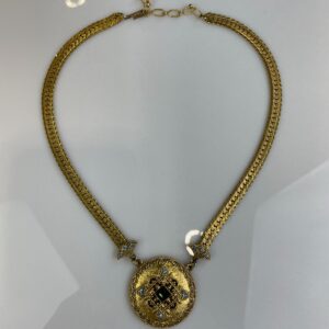 Photo detail:COOL! ORNATE MEDALLION PENDANT NECKLACE BLUE RHINESTONES, FLAT CHAIN LINK