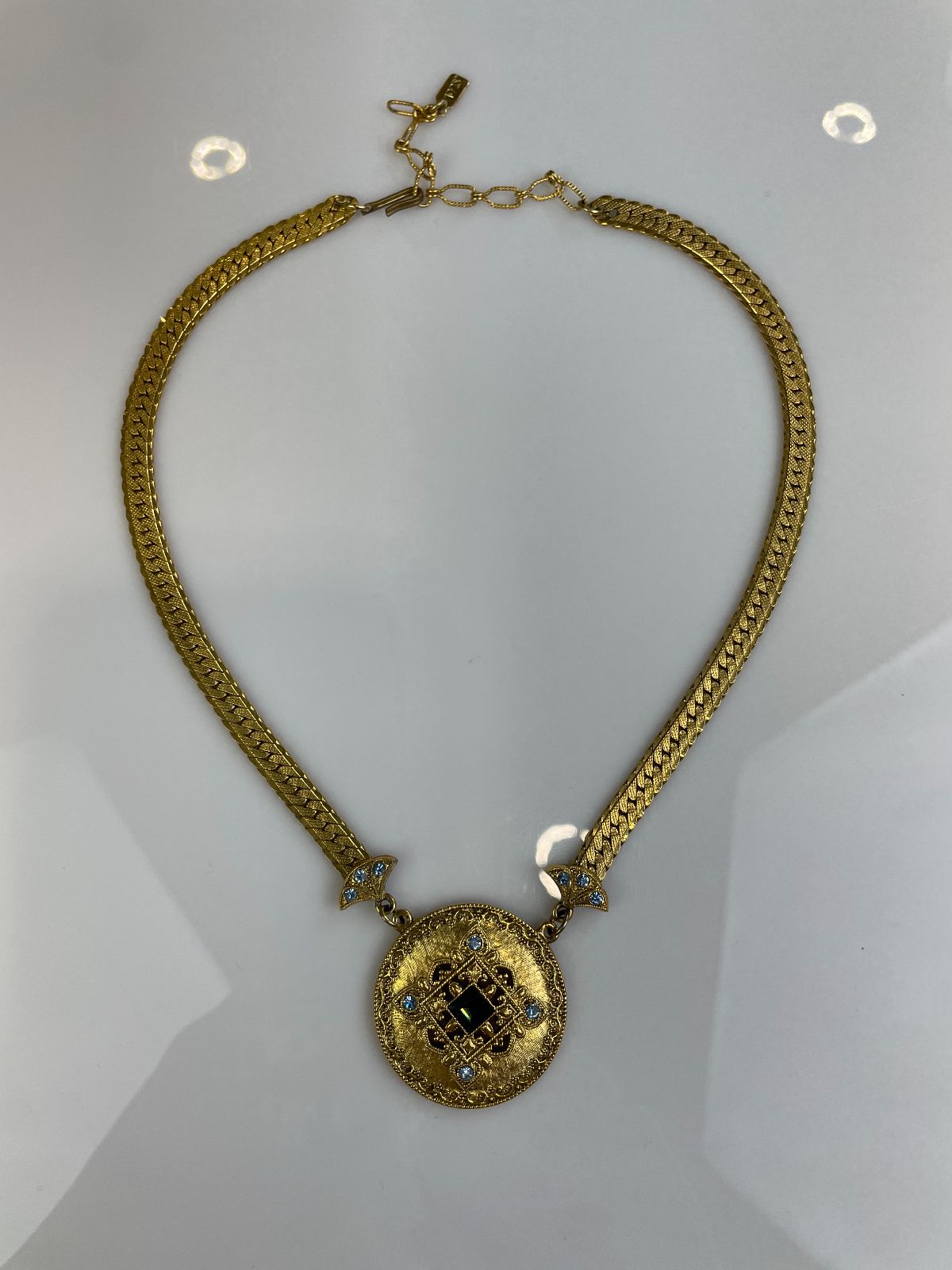 product details: COOL! ORNATE MEDALLION PENDANT NECKLACE BLUE RHINESTONES, FLAT CHAIN LINK photo