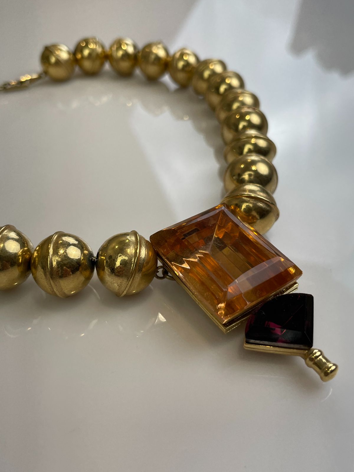 WOW! *SIGNED* RETRO GOLD BEADED STATEMENT NECKLACE, LARGE JEWEL PENDANT