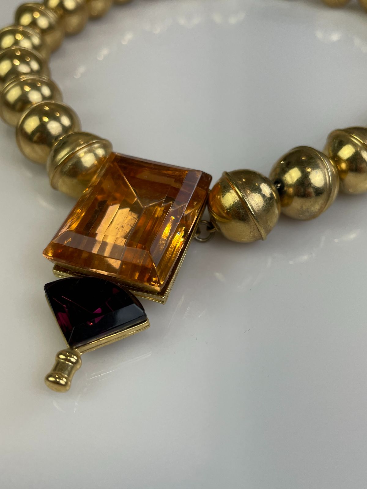 WOW! *SIGNED* RETRO GOLD BEADED STATEMENT NECKLACE, LARGE JEWEL PENDANT