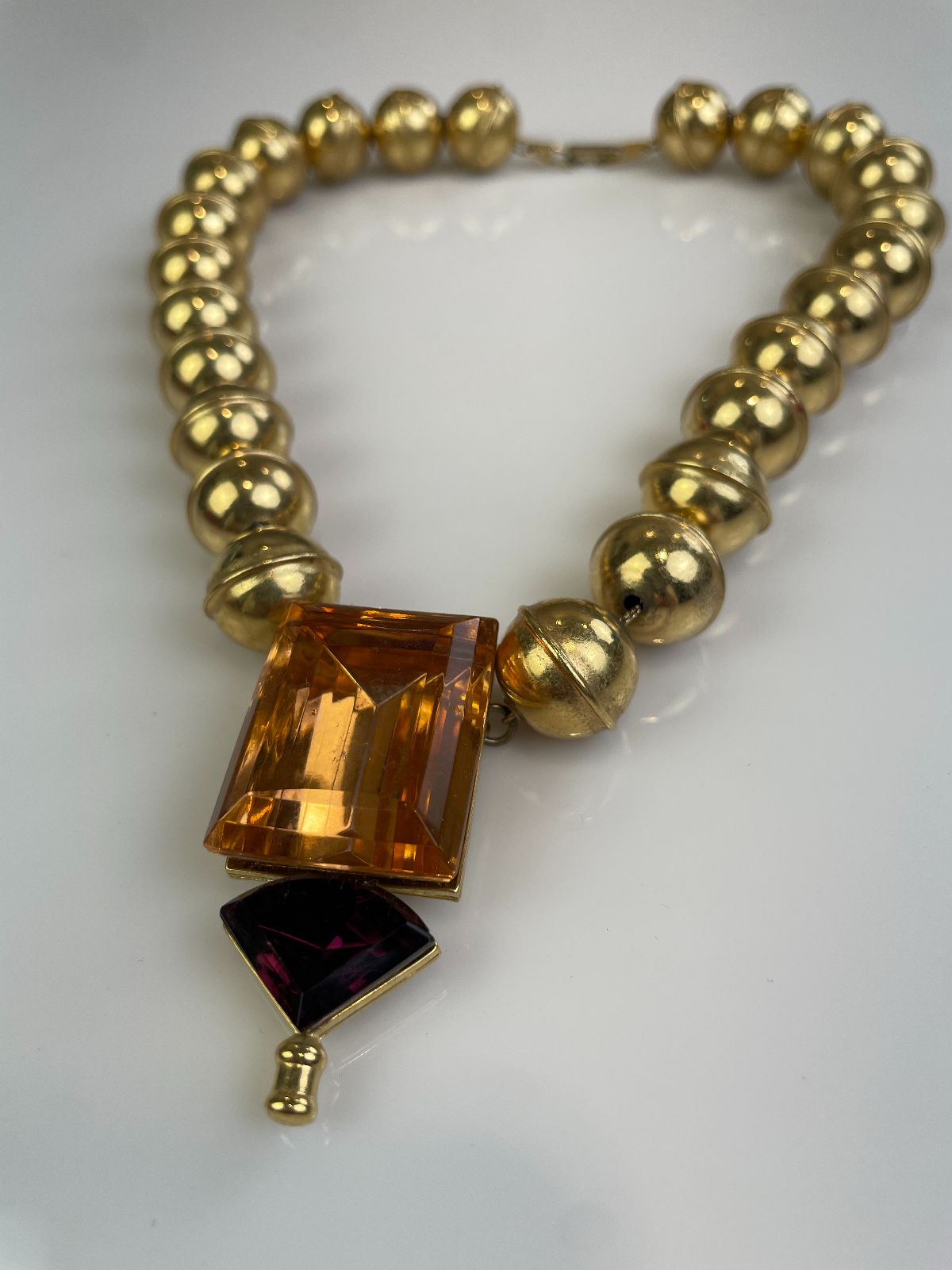 WOW! *SIGNED* RETRO GOLD BEADED STATEMENT NECKLACE, LARGE JEWEL PENDANT