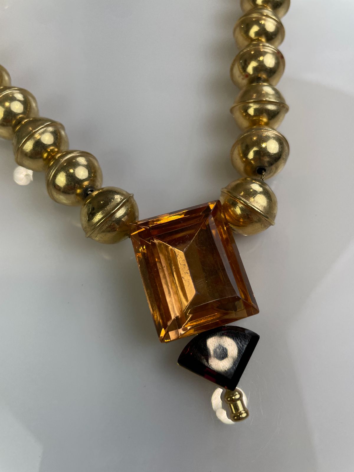 WOW! *SIGNED* RETRO GOLD BEADED STATEMENT NECKLACE, LARGE JEWEL PENDANT