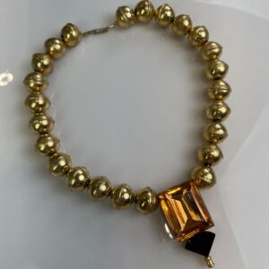 Photo detail:WOW! *SIGNED* RETRO GOLD BEADED STATEMENT NECKLACE, LARGE JEWEL PENDANT
