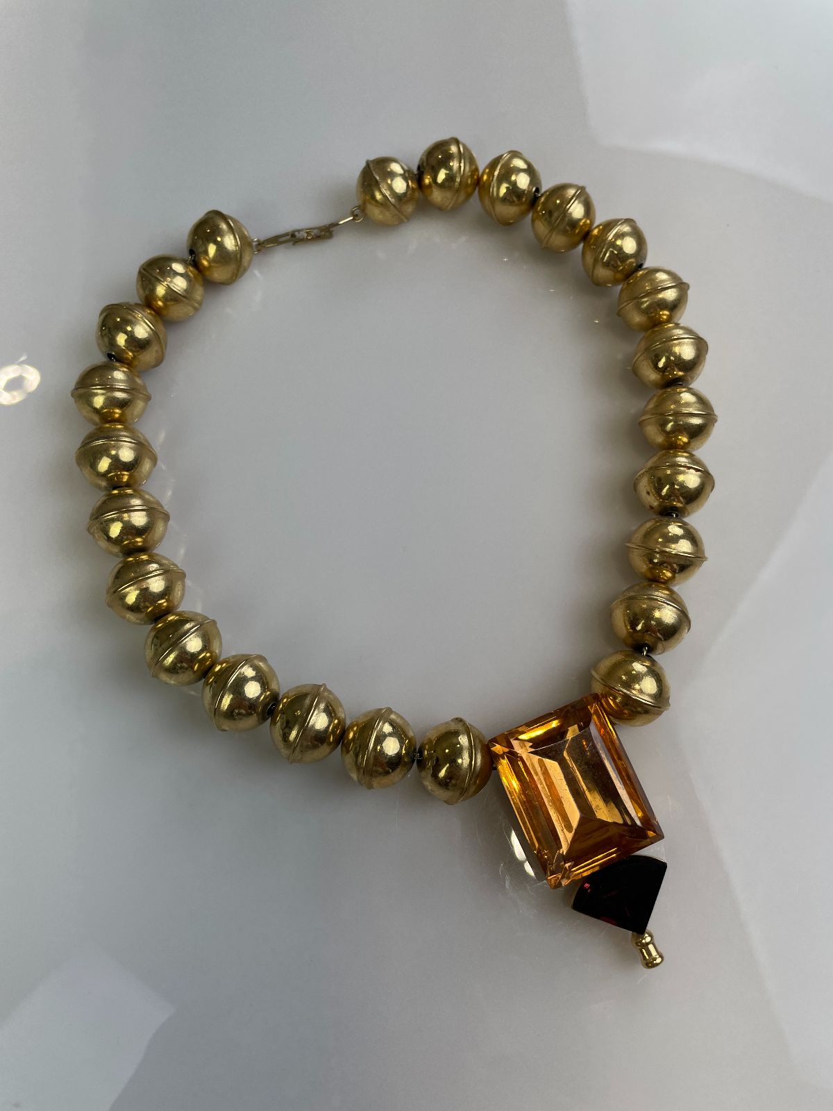 product details: WOW! *SIGNED* RETRO GOLD BEADED STATEMENT NECKLACE, LARGE JEWEL PENDANT photo