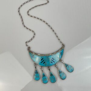 Photo detail:*SIGNED* ZUNI MODERNIST TURQUOISE MICRO INLAY NECKLACE, HANGING TEAR DROP PENDANTS