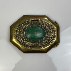 Photo detail:BRASS BELT BUCKLE, GREEN STONE ORNATE DESIGN BORDER