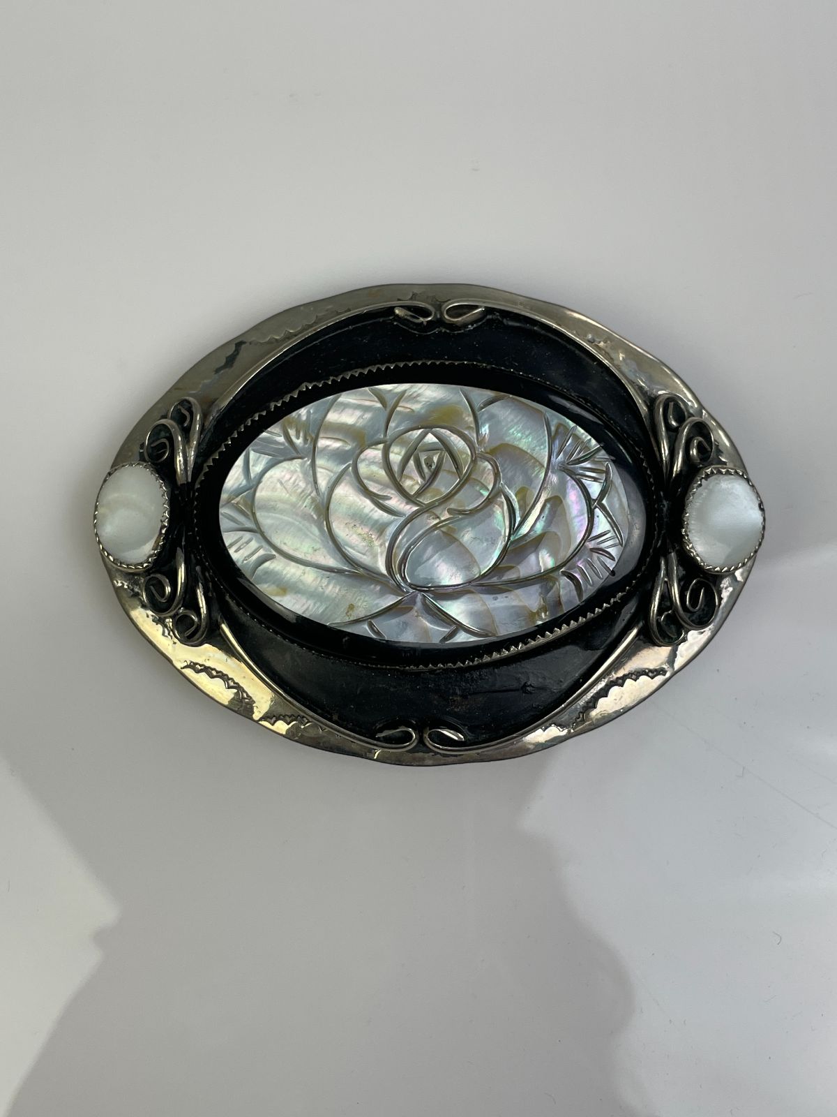 product details: CARVED MOTHER OF PEARL ROSE DESIGN BELT BUCKLE - POSSIBLY STERLING SILVER photo