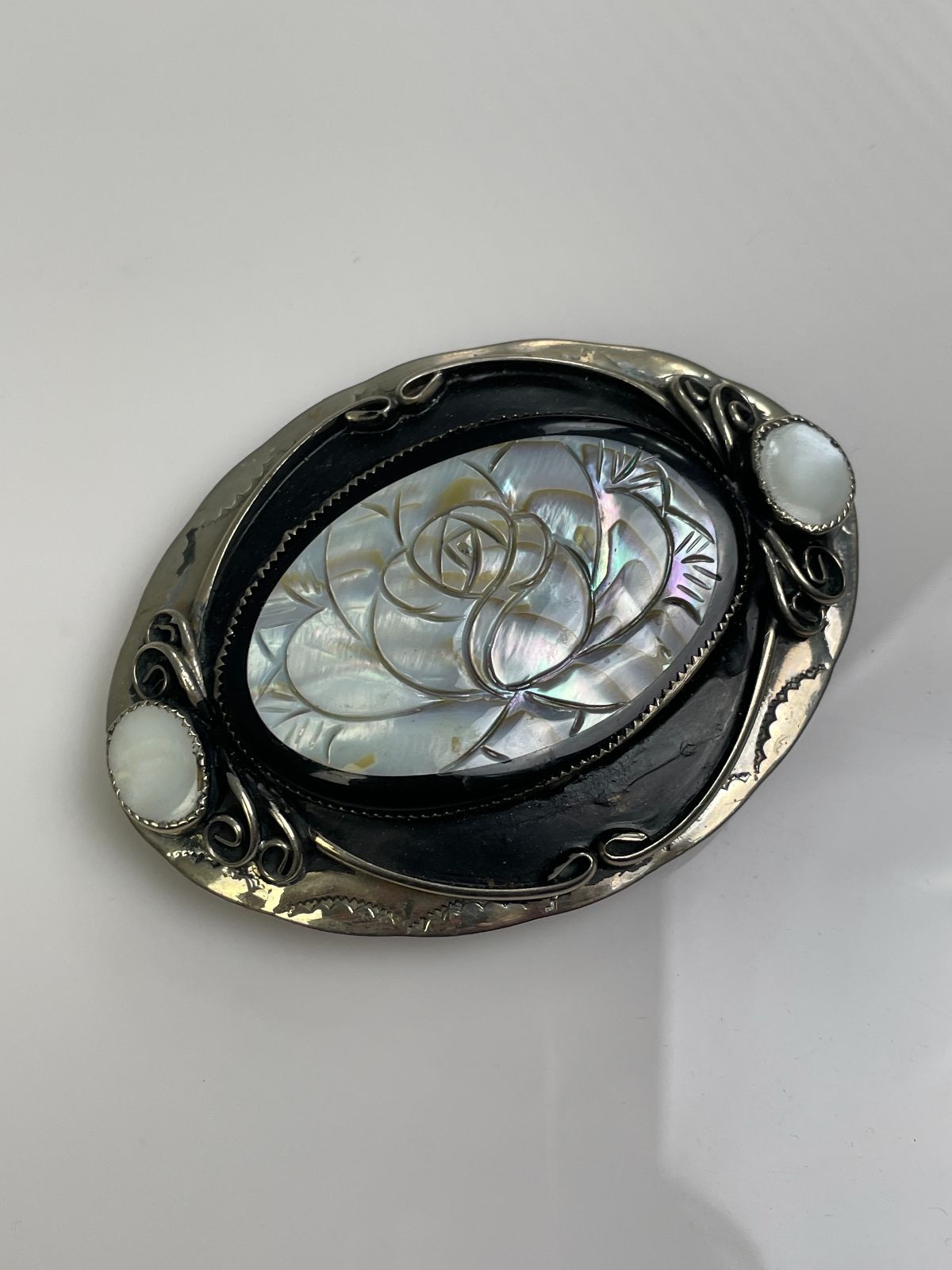 CARVED MOTHER OF PEARL ROSE DESIGN BELT BUCKLE - POSSIBLY STERLING SILVER