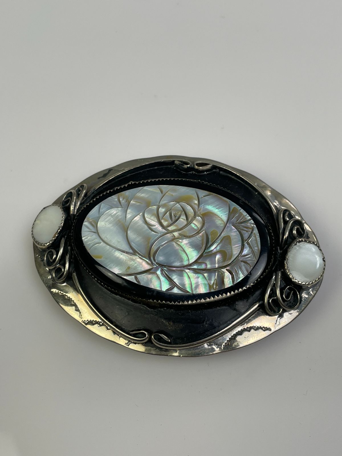 CARVED MOTHER OF PEARL ROSE DESIGN BELT BUCKLE - POSSIBLY STERLING SILVER