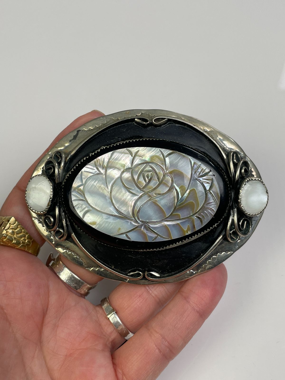 CARVED MOTHER OF PEARL ROSE DESIGN BELT BUCKLE - POSSIBLY STERLING SILVER