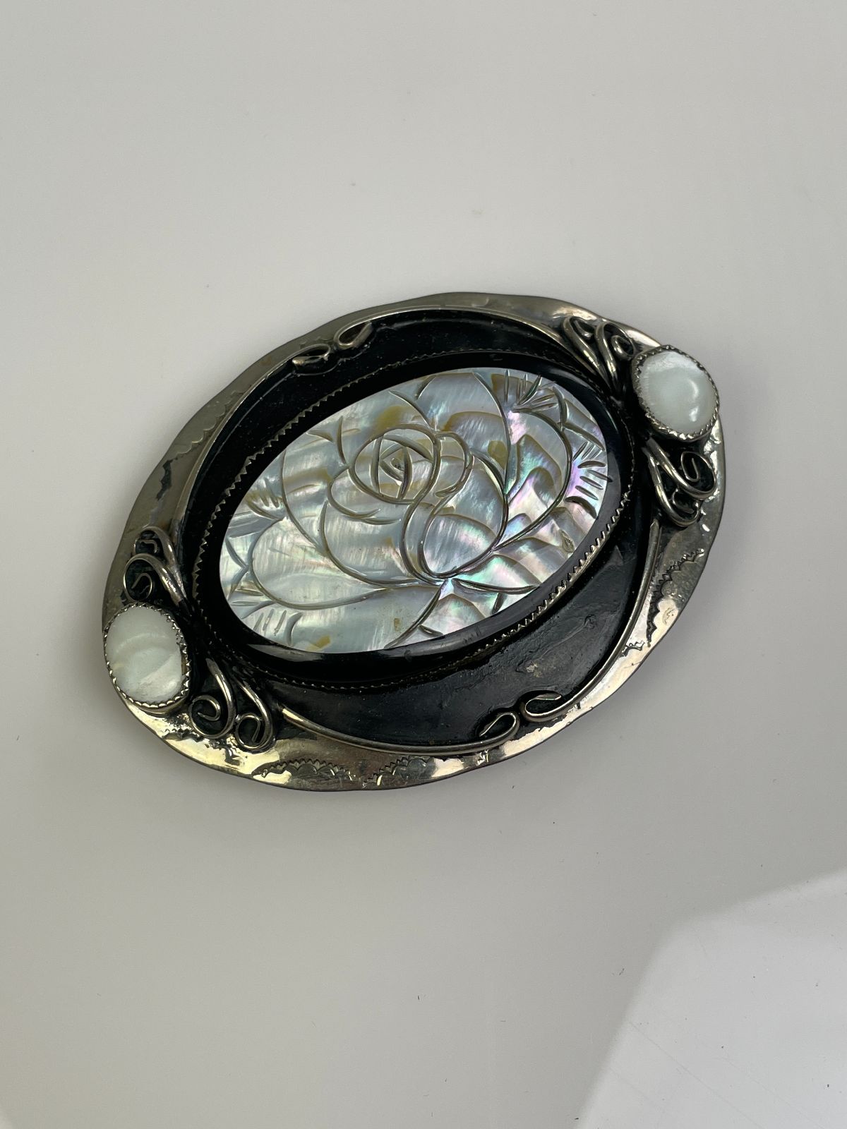 CARVED MOTHER OF PEARL ROSE DESIGN BELT BUCKLE - POSSIBLY STERLING SILVER