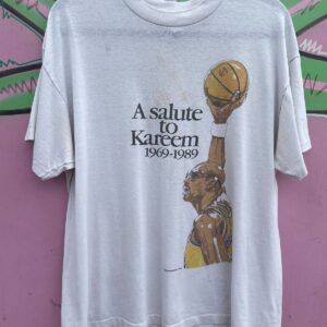 Photo detail:AS-IS 1988 A SALUTE TO KAREEM 1969-1989 LAKERS ILLUSTRATION GRAPHIC TSHIRT