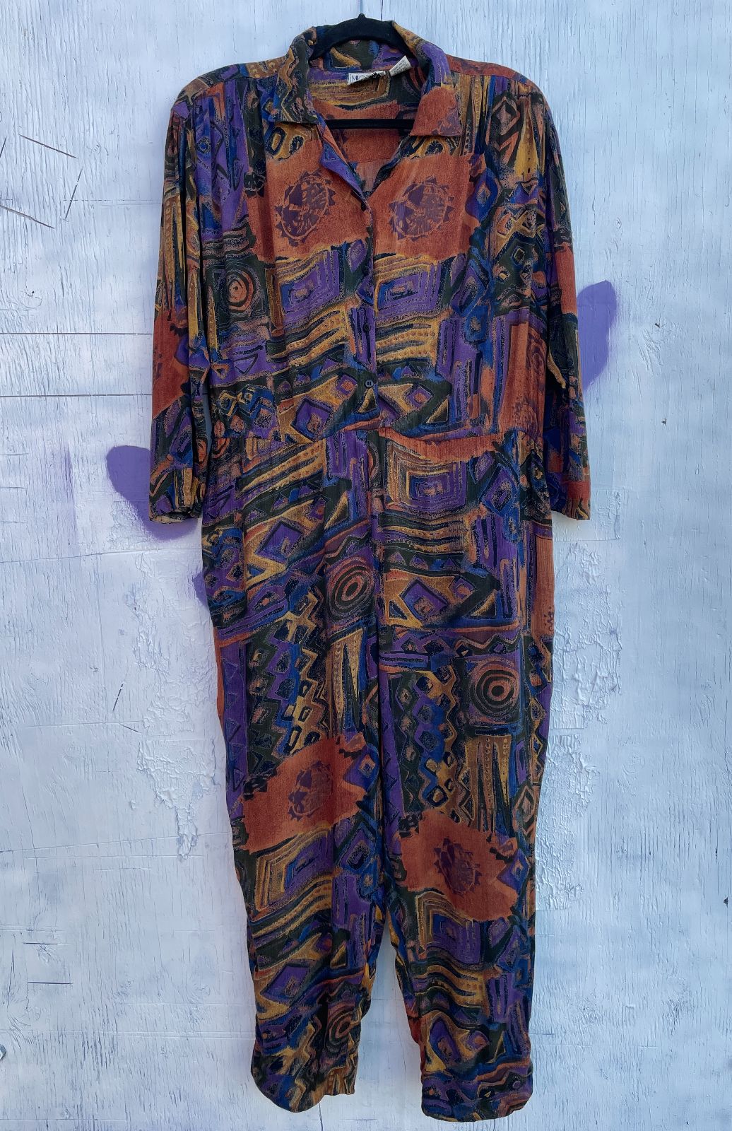 product details: 1990S EARTH TONE PRINT LONG SLEEVE RAYON JUMPSUIT photo