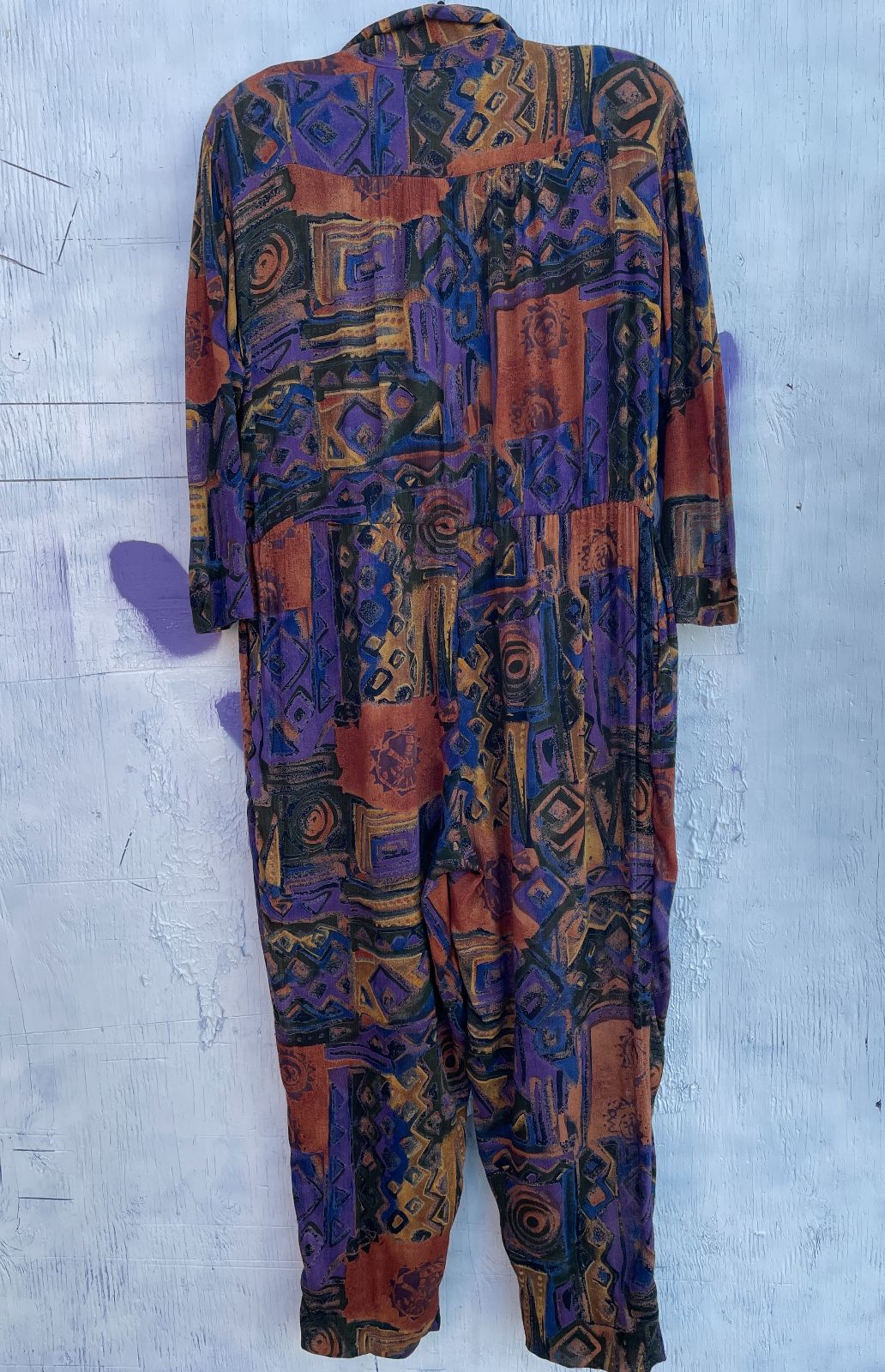 product details: 1990S EARTH TONE PRINT LONG SLEEVE RAYON JUMPSUIT photo