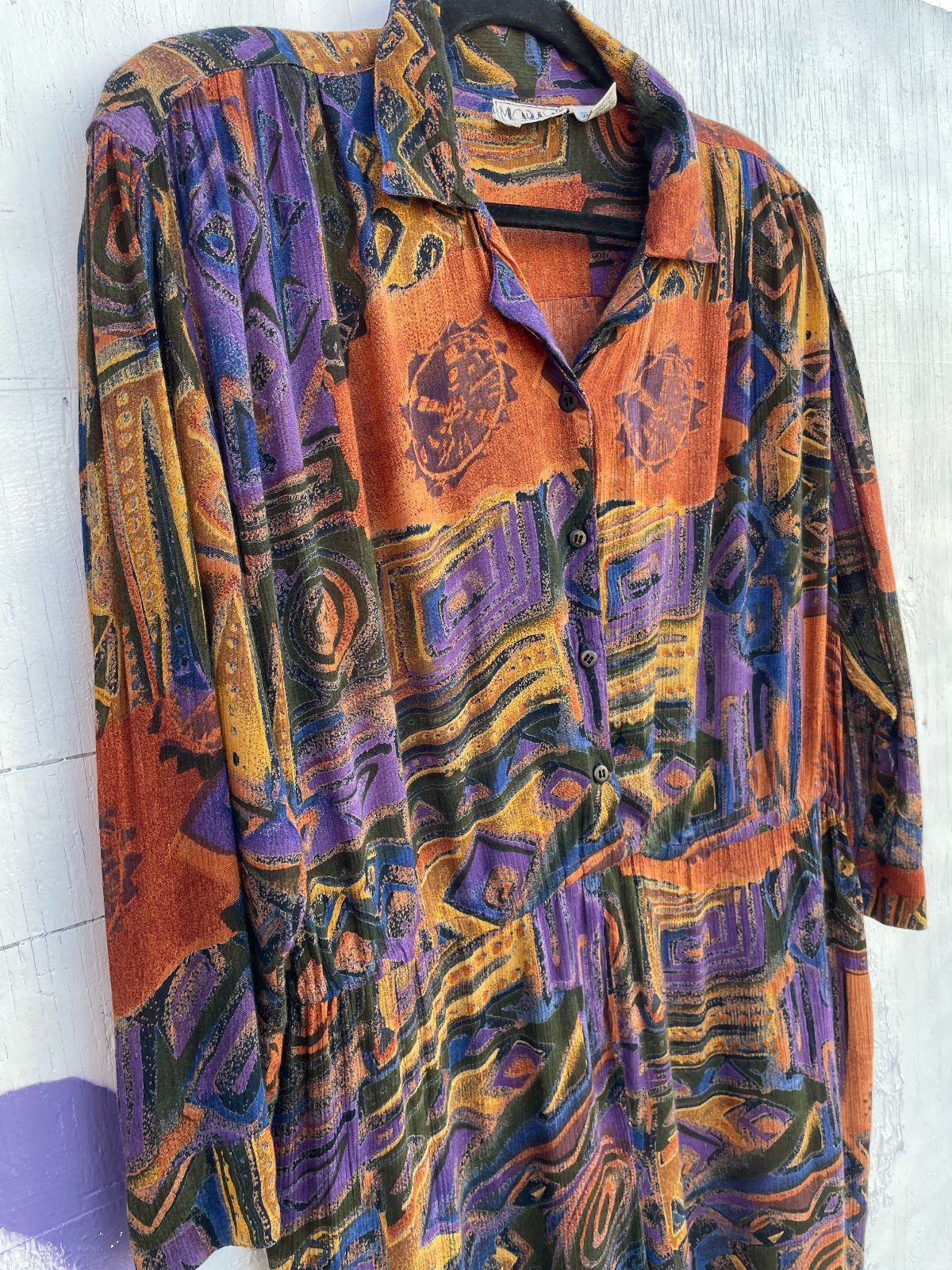 product details: 1990S EARTH TONE PRINT LONG SLEEVE RAYON JUMPSUIT photo