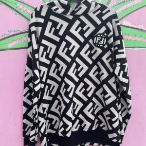 FENDI FENDI ALLOVER PRINT HOODED SWEATSHIRT W/ CHENILE PATCH in BLACK, WHITE