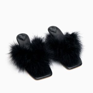 Photo detail:CUTE! SQUARE TOE POM POM FEATHER KITTEN HEEL SANDAL MULES