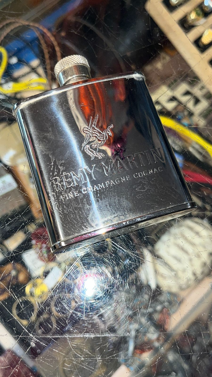product details: VINTAGE BRANDED REMY MARTIN MINI TRAVEL LIQUOR FLASK, VELOUR SLEEVE photo