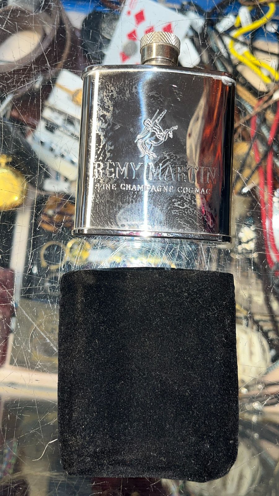 product details: VINTAGE BRANDED REMY MARTIN MINI TRAVEL LIQUOR FLASK, VELOUR SLEEVE photo