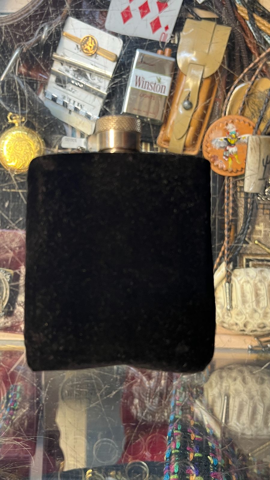 product details: VINTAGE BRANDED REMY MARTIN MINI TRAVEL LIQUOR FLASK, VELOUR SLEEVE photo