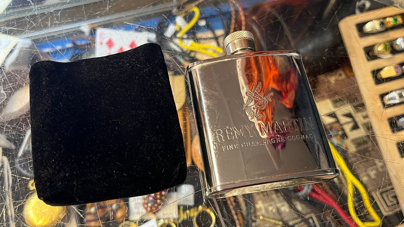 product details: VINTAGE BRANDED REMY MARTIN MINI TRAVEL LIQUOR FLASK, VELOUR SLEEVE photo