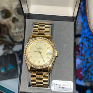 Photo detail:MENS FANCY GOLD PLATED WRIST WATCH, RHINESTONE BEZEL - NEW IN BOX